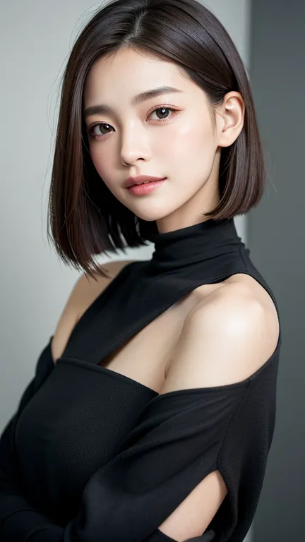 (((close-up of face)))、(((absolutely shoulder-length brown straight short bob)))、(((she is posing like a hair salon model, with ...