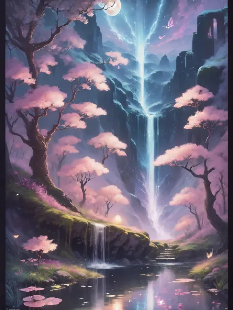 ((best quality)), ((masterpiece)), (detailed), ethereal beauty, perched on a pink blossom tree, (fantasy illustration:1.3), ench...