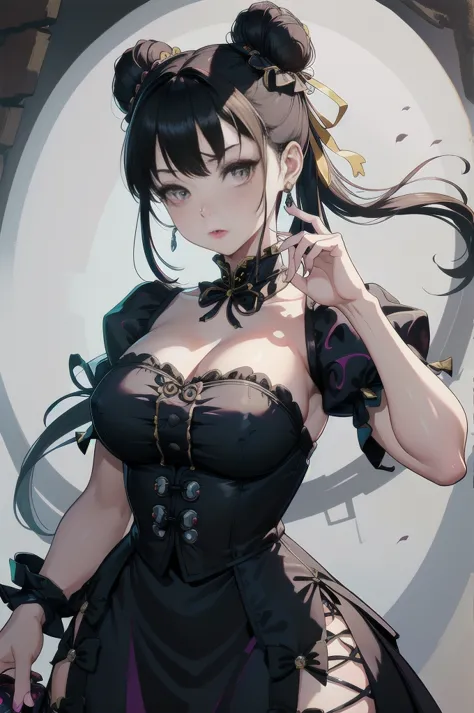 Sfw, (vivid colors,ultra-detailed),(best quality:1.37)chun li reimagined as a Victorian goth girl in a dark Victorian era backdr...