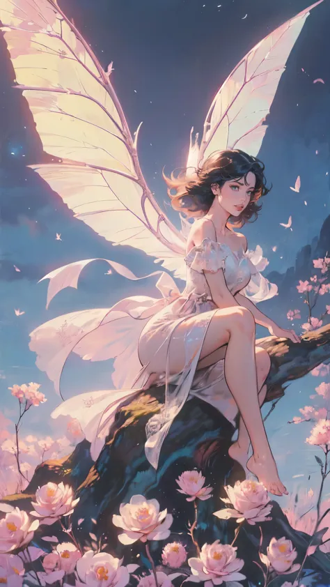 ((best quality)), ((masterpiece)), (detailed), ethereal beauty, perched on a pink blossom tree, (fantasy illustration:1.3), ench...