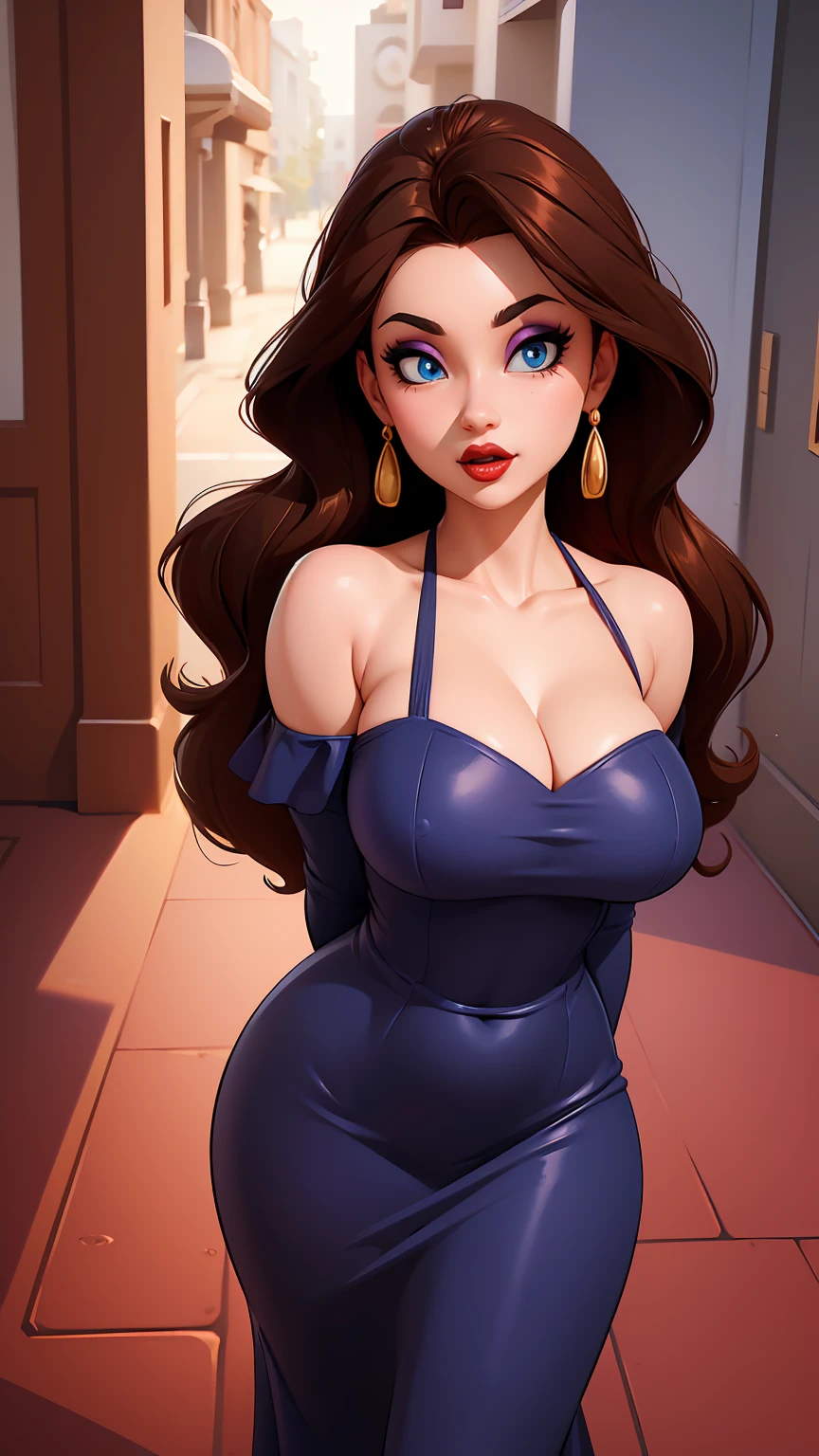 ((high detailed, best quality, 4k, masterpiece, hd:1.3)), ((best quality)), (((HD))), (((8k))), (ultraDH), (ultra HD), blue eyes, BREAK blue eyes, seductive, attractive, smooth anime cg art, 36C breasts, long legs, vivid colors, slim body, perfect skin, brown hair, long hair, light hair, brown hair, cleavage, 36C cleavage, looking at viewer, BREAK looking at viewer, extremely detailed face, earrings, gem, dark blue makeup lips, dark gothic eyeshadows, dark eyeshadows, white eyeshadows, red sexy lips, dark lips, very dark lips, (perfect hands, perfect anatomy), light makeup, red medium lips, red thick lips, detailed fingers, five fingers per hand, 5 fingers, (1 girl), detailed lips, detailed red lips, red painted lips, gothic painted lips, (breast focus), (arms outstreched:1.2), (from above:1.1), (breasts out:1.3), (off shoulder:1.1), 