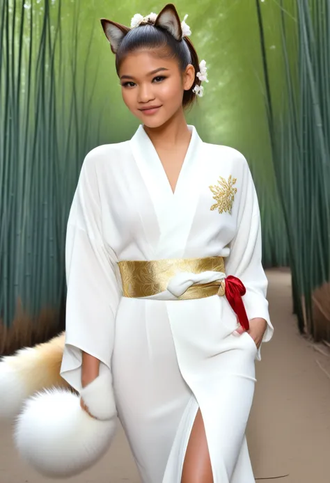Zendaya as a Kitsune:
 * Capture Zendaya's youthful beauty and infectious smile.
 * Give her nine long, flowing tails that cascade down behind her, each tipped with a brush of white fur.
 * Depict her ears as pointed and delicate, hinting at her fox spirit...
