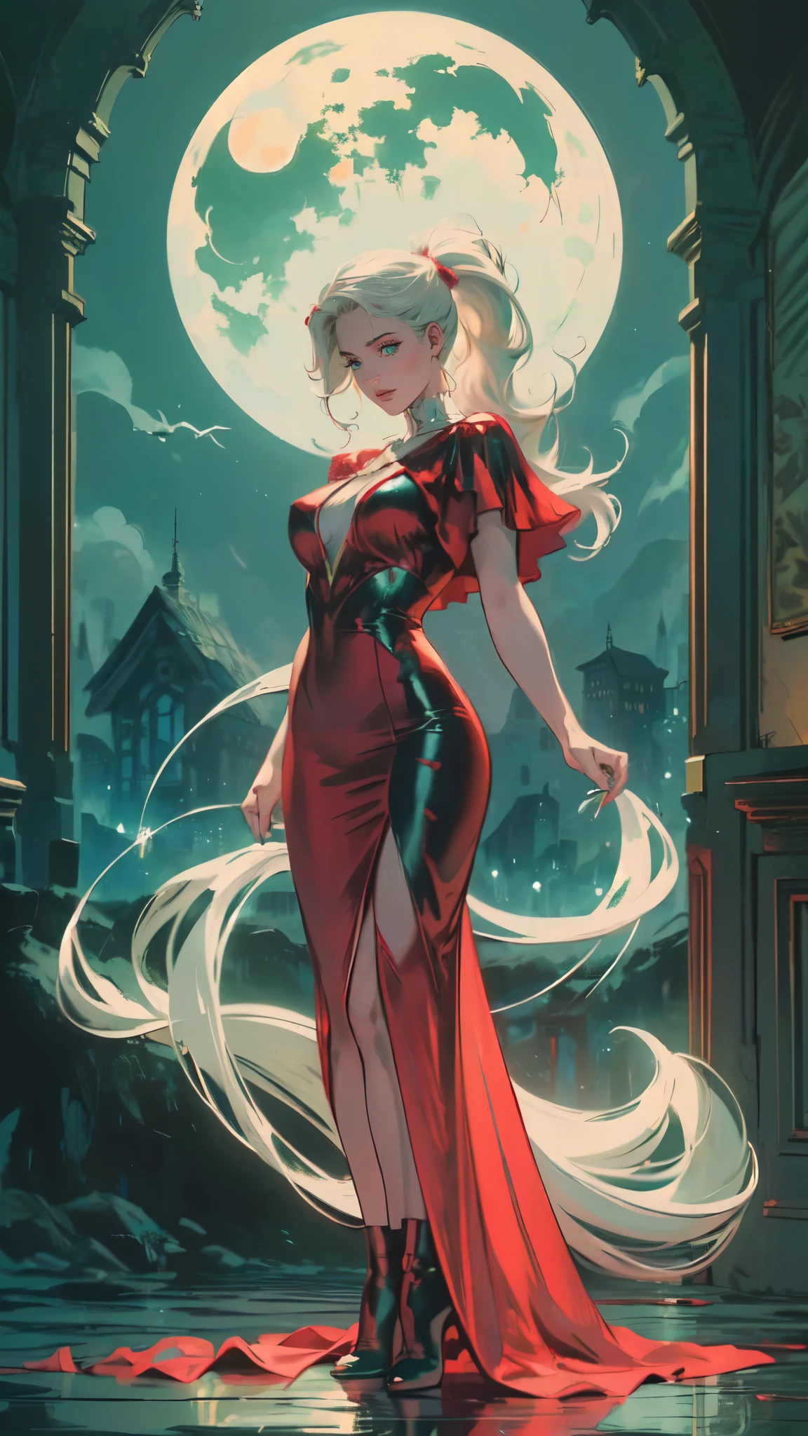 a picture of vampire standing in the front of her home holding a (blood: 1.3) dripping (gift box: 1.5), an exquisite beautiful female vampire in her front door of her home, full body (ultra detailed, Masterpiece, best quality), ultra detailed face (ultra detailed, Masterpiece, best quality), grey skin: 1.3 , blond hair, hair in a ponytail, long hair, blue eyes, cold eyes, glowing eyes, intense eyes, smile with [drops of blood on face] (ultra detailed, Masterpiece, best quality), dark red lips, [vampire fangs], wearing red dress (ultra detailed, Masterpiece, best quality), (green: 1.4) dark green cloak, (green: 1.3) green high heeled boots in front of her home, holding a (white: 1.4) gift box dripping red blood GlowingRunes_red (ultra detailed, Masterpiece, best quality, high details, best quality, 16k, [ultra detailed], masterpiece, best quality, (ultra detailed), full body, ultra wide shot, photorealism, luis royo style, dark fantasy art, moon light coming through the window, moon rays, gothic art, sense of dread, sense of seduction, bloodmagic,