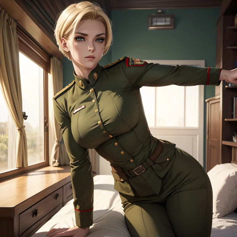 Schöne russische Frau, blond, muskulöser Körper, perfekte Brüste, kurze Haare, militärisches Gesicht, würde wie eine Militäruniform aussehen, gezeichneter Stil, Jojo Bisarre Aventure