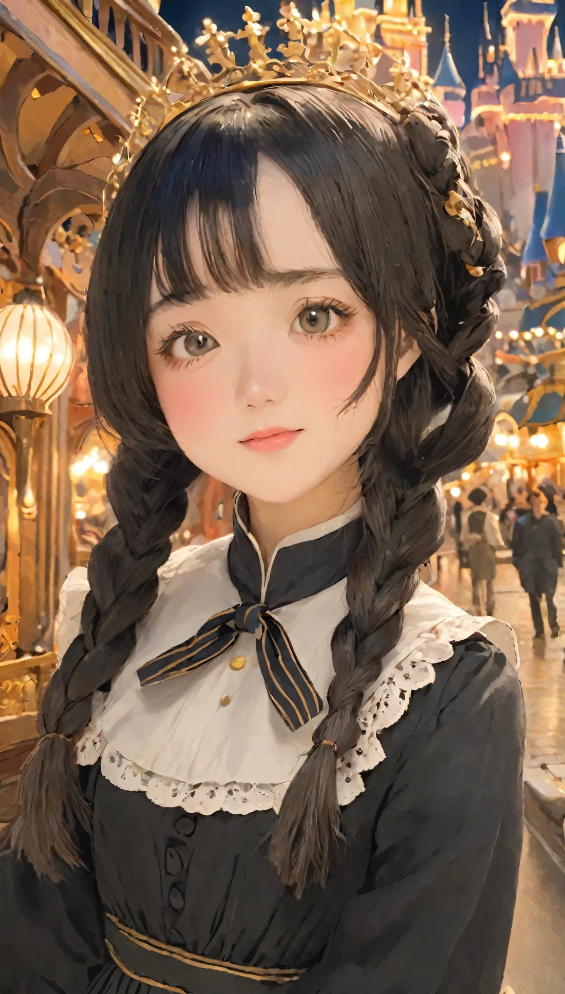 Masterpiece、highest quality、Beautiful woman、one girl、Young Maiden、detailed_face_pupil、かわいいface、Silky black hair、French Braid、Troubled eyebrows、Troubled expression、blush、Adorable、amusement park、Disneyland Castle、