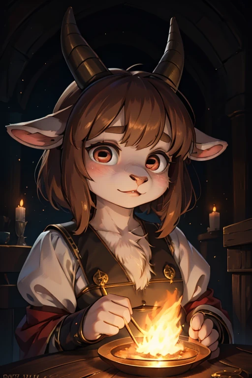 hairy goat Short stature girl , (realistic hairy fur:1.2) , round face , (tilt face:1.2) ,  round eyes , Swollen cheeks , glossy lips , in the fantasy , magician