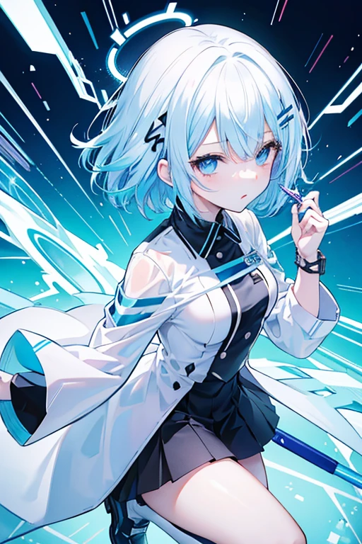 User
Chibi-Style, vivid Copic marker anime illustration, maintains a 3:1 head-to-body ratio, 1 girl, short hair, ice blue hair, bangs, blue eyes, future uniform, white and blue with black accents, glowing bracelet, glowing hairpin, no belongings, single object, white background for removing background, full body illustration.