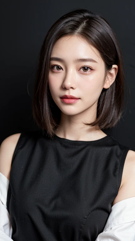 (((Close-up of face)))、(((Absolutely shoulder-length brown straight short bob)))、(((She is posing like a hair salon model, with a black wall indoors as the background.)))、(((Casual black winter long sleeves with shoulders covered)))、Half Japanese, half Korean、18 year old girl、Standing Alone、Looking forward、Light eye makeup、Brown Hair Color、Flat and 、Hair blowing in the wind、Actress Quality、Glossy, ultra-realistic face、Smiling face、Watery eyes、Gazing Up、Subtle lighting effects、 Ultra-Realistic Capture、Very detailed、High resolution 16K close up of human skin。Skin texture must be natural、The details must be such that pores can be clearly seen、The skin is healthy、Uniform tone、Use natural light and colors、A worn-out, high-quality photo taken by a model agency&#39;s in-house photographer.、smile、(((SIGMA 300 mm F/1.4,1/1000 sec shutter,ISO 400))) 