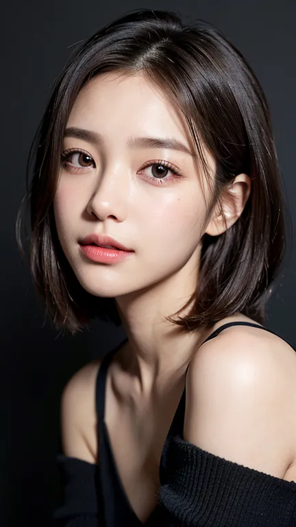 (((Close-up of face)))、(((Absolutely shoulder-length brown straight short bob)))、(((She is posing like a hair salon model, with ...