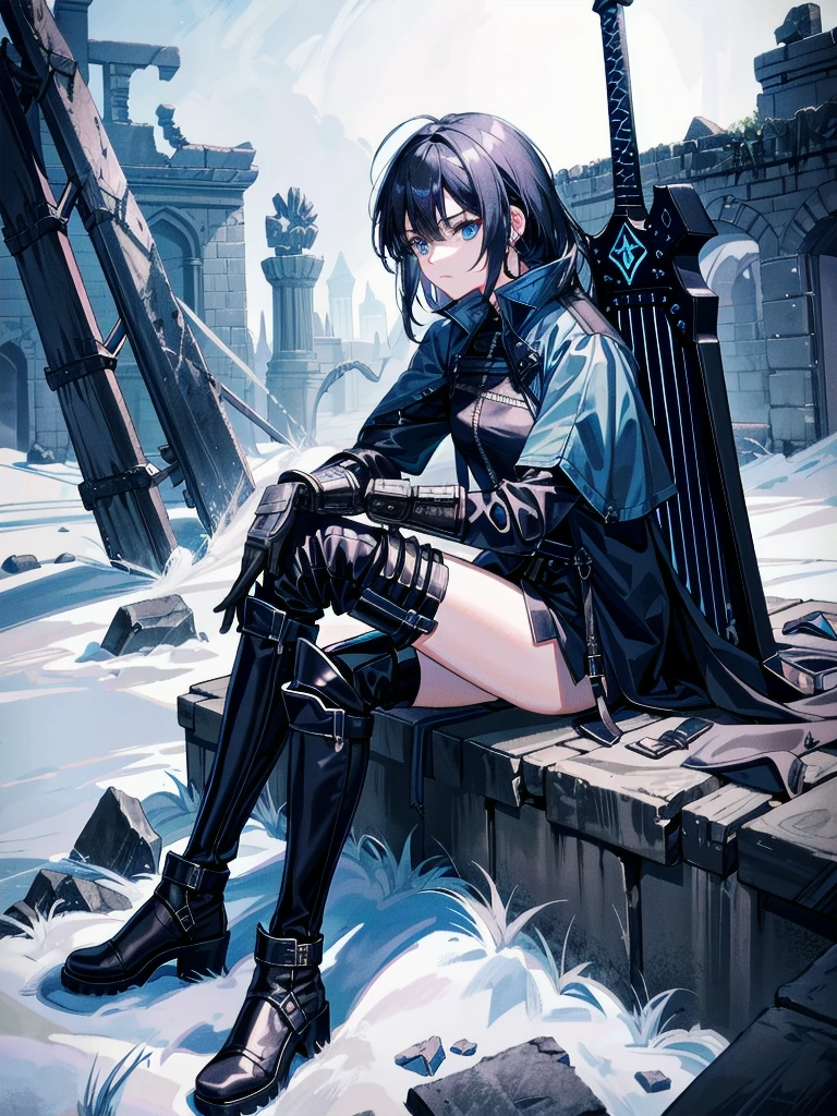 long blue great sword, Ruins, tech boots, black jacket, samurai, absurdres, RAW photo, extremely delicate and beautiful, masterpiece, Best Quality, ultra high resolution, 32k, hyperrealistic, ultra-detailed, tearful mole, earring, short medium hair, wavy hair, whole body, 