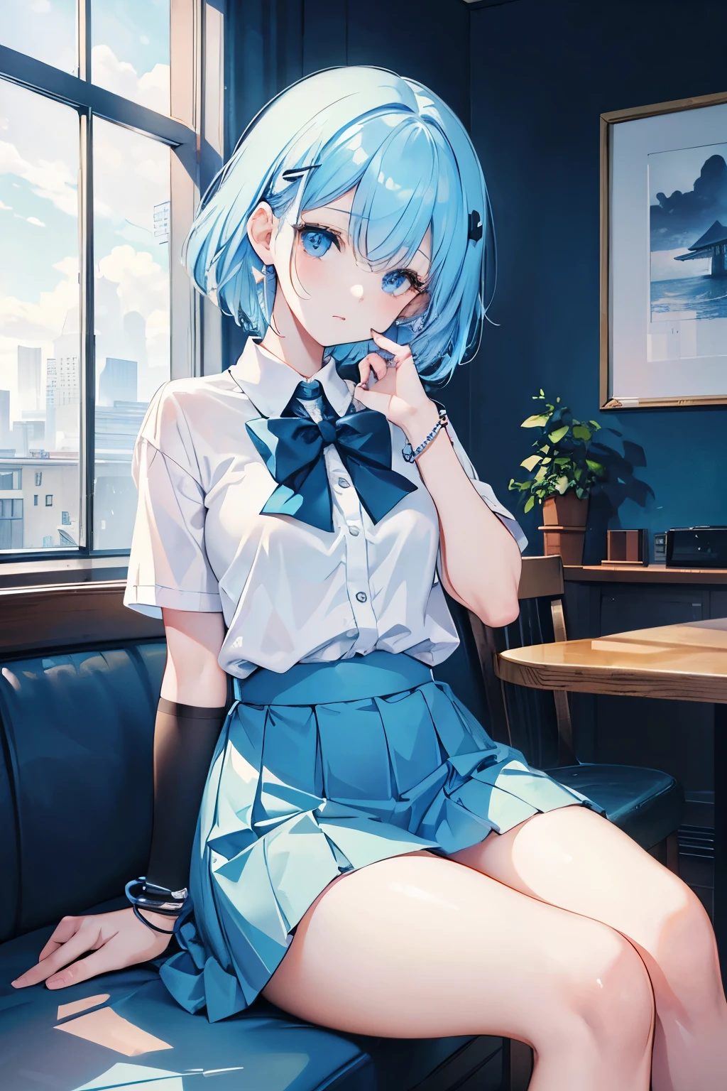 (Best quality, Masterpiece:1.3),  sitting in cafe, relaxed posture, natural light, cinematic background, User Chibi-Style, vivid Copic marker anime illustration, maintains a 3:1 head-to-body ratio, 1 girl, short hair, ice blue hair, bangs, blue eyes, future uniform, white and blue with black accents, glowing bracelet, glowing hairpin, no belongings, single object, white background for removing background, full body illustration.