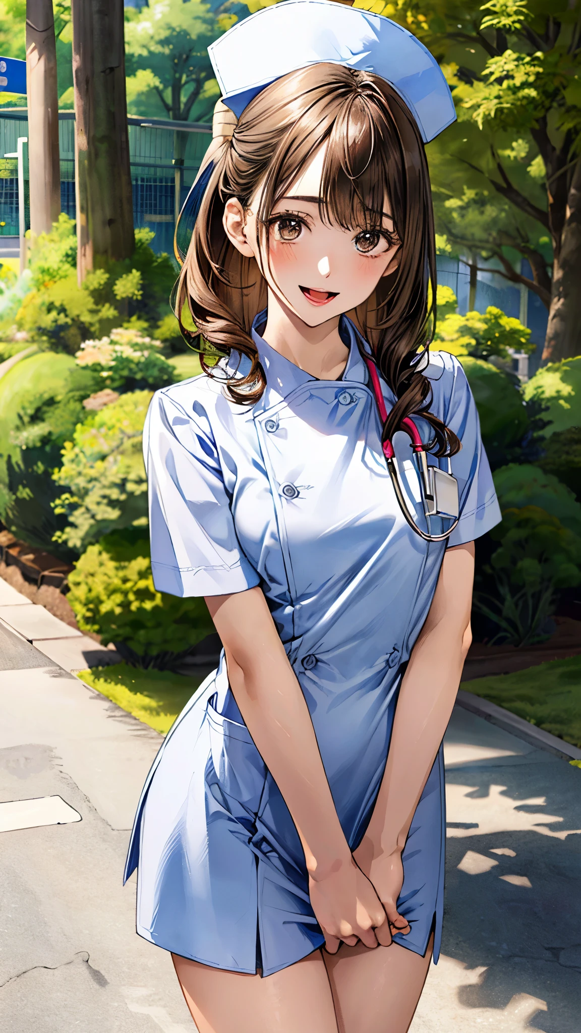 (masterpiece:1.3, top-quality, ultra high res, ultra detailed), (realistic, photorealistic:1.4), beautiful illustration, perfect lighting, natural lighting, colorful, depth of fields, surrealism, 
beautiful detailed hair, beautiful detailed face, beautiful detailed eyes, beautiful clavicle, beautiful body, beautiful chest, beautiful thigh, beautiful legs, beautiful fingers, shiny skin, 
looking at viewer, 1 girl, japanese, 19 years old, (perfect anatomy, anatomically correct, super detailed skin), cute and symmetrical face, babyface, perfect face, perfect eyes, perfect fingers,
(middle hair:1.2, updo hairstyle:1.2, long sidelocks, brown hair), asymmetrical bangs, grey eyes, big eyes, long eyelashes, (medium breasts, seductive thighs), slender, outstanding style, 
(detailed cloth texture, nurse uniform, nurse cap, nameplate, stethoscope, karte), 
(beautiful scenery), (hospital, grassy), walking, (gentle, caring, lovely smile, open mouth small), 