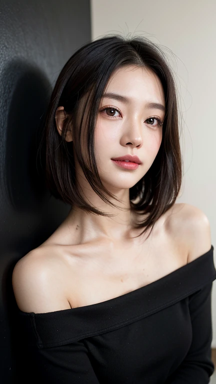 (((Close-up of face)))、(((Absolutely shoulder-length brown straight short bob)))、(((She is posing like a hair salon model, with a black wall indoors as the background.)))、(((Casual black winter long sleeves with shoulders covered)))、Half Japanese, half Korean、18 year old girl、Standing Alone、Looking forward、Light eye makeup、Brown Hair Color、Flat and 、Hair blowing in the wind、Actress Quality、Glossy, ultra-realistic face、Smiling face、Watery eyes、Gazing Up、Subtle lighting effects、 Ultra-Realistic Capture、Very detailed、High resolution 16K close up of human skin。Skin texture must be natural、The details must be such that pores can be clearly seen、The skin is healthy、Uniform tone、Use natural light and colors、A worn-out, high-quality photo taken by a model agency&#39;s in-house photographer.、smile、(((SIGMA 300 mm F/1.4,1/1000 sec shutter,ISO 400))) 