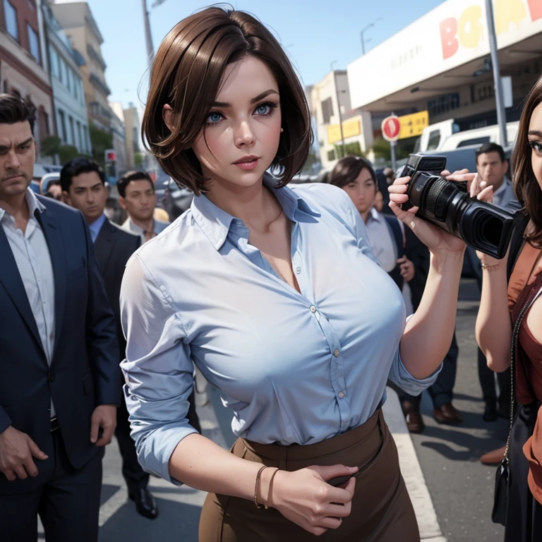 Female reporter short brown hair blue eyes firm body perfect breasts button down shirt short short formal skirt while reporting news 