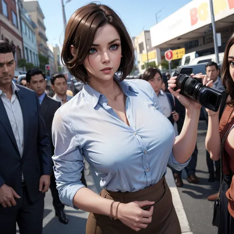 Female reporter short brown hair blue eyes firm body perfect breasts button down shirt short short formal skirt while reporting ...