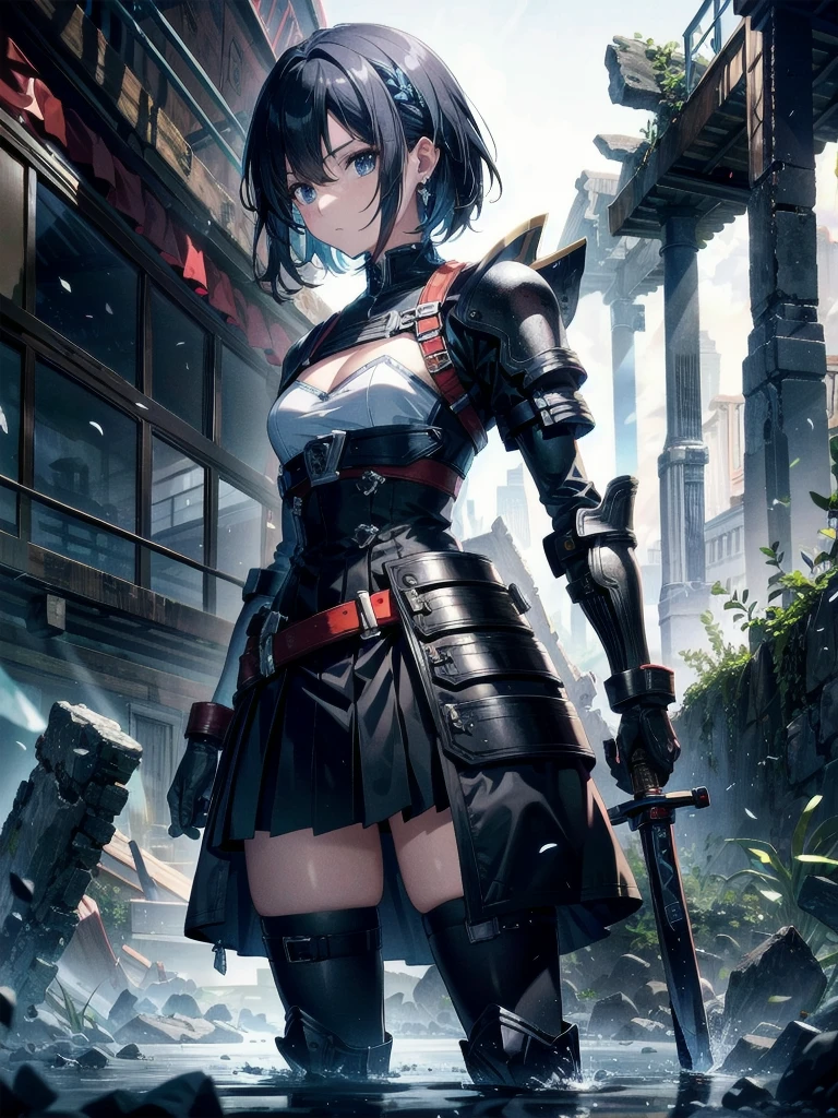 long blue great sword, Ruins, tech boots, black jacket, samurai, absurdres, RAW photo, extremely delicate and beautiful, masterpiece, Best Quality, ultra high resolution, 32k, hyperrealistic, ultra-detailed, tearful mole, earring, short medium hair, wavy hair, whole body, 