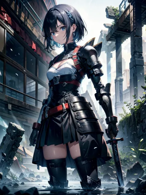 long blue great sword, Ruins, tech boots, black jacket, samurai, absurdres, RAW photo, extremely delicate and beautiful, masterp...
