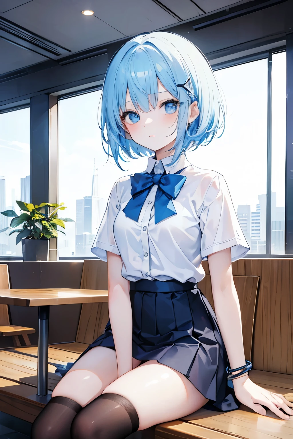 (Best quality, Masterpiece:1.3), sitting comfortably in a cafe, User Chibi-Style, vivid Copic marker anime illustration, maintains a 3:1 head-to-body ratio, 1 girl, short hair, ice blue hair, bangs, blue eyes, future uniform, white and blue with black accents, glowing bracelet, glowing hairpin, no belongings, single object, white background for removing background, full body illustration, Natural Indoor Light, cozy atmosphere.