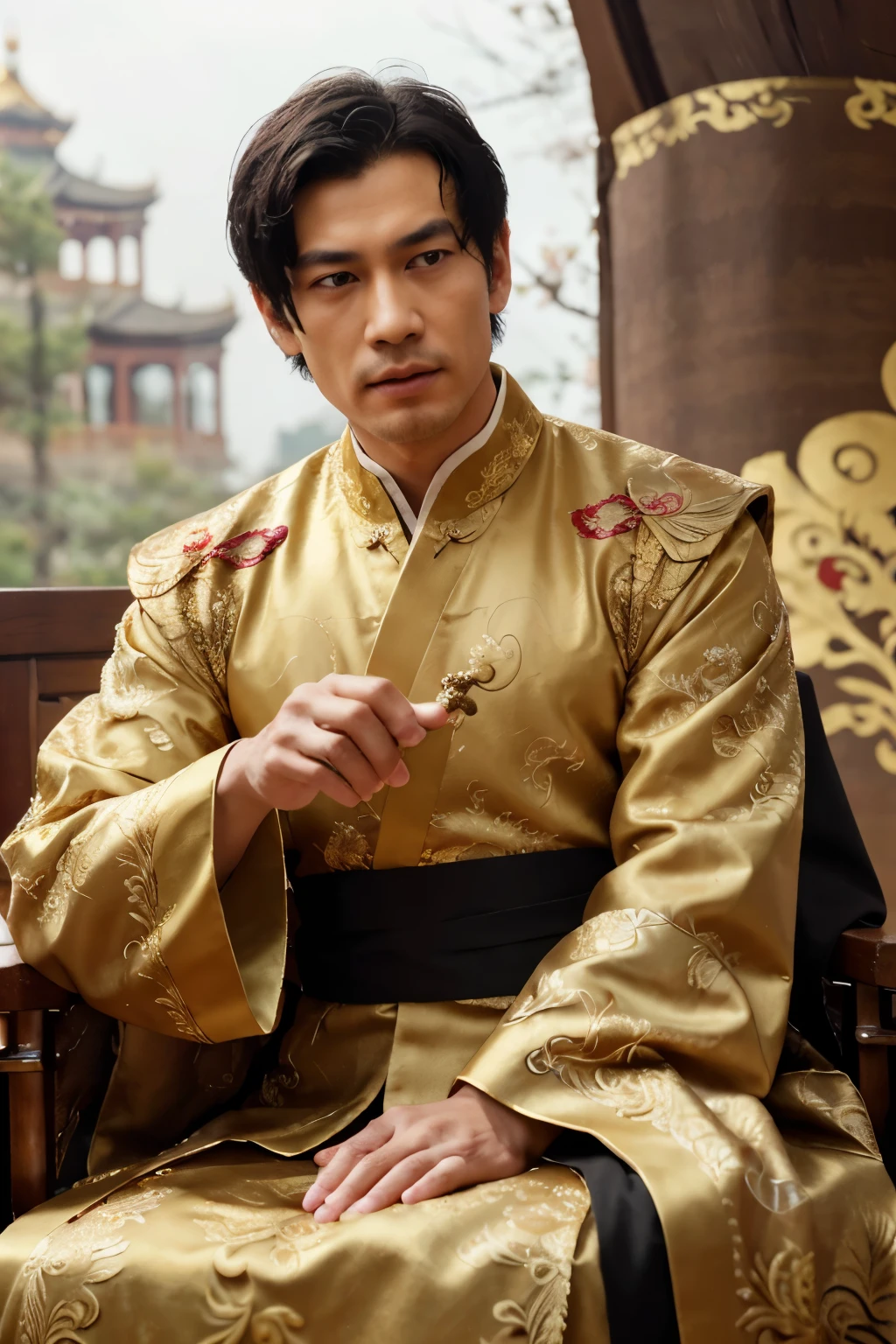 (Perfect details: 1.5, 8K wallpaper, masterpiece, best quality, ultra-detailed) A man, emperor, delicate facial features, Asian face, short black hair, fine hair, tied hair, golden silk embroidered dragon robe, Hanfu, sitting on a dragon chair, hands on the head, palace background, ancient golden emperor crown