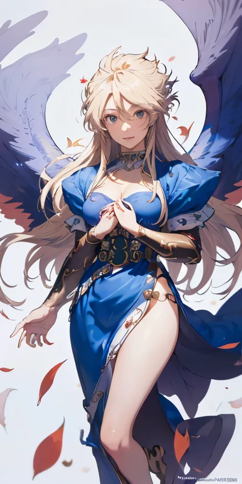 masterpiece, best quality, illustration, 1girl, solo, nima, (gold long hair), (black big wings:1.3), (blue dress:1.3), sharp eye...