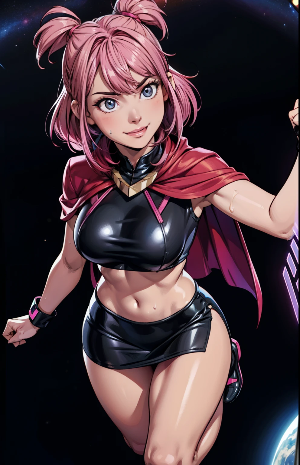 Digital painting of a woman with royal pink hair, super hero, muscle girl, pose, fist up, ((from above)), 1knee up, Behance Contest Winner, Afrofuturism, Synthwave, neon, glowing neon, sagging massive breasts, mini skirt, cape, sweat, glossy silky skin, smile,  in space, 