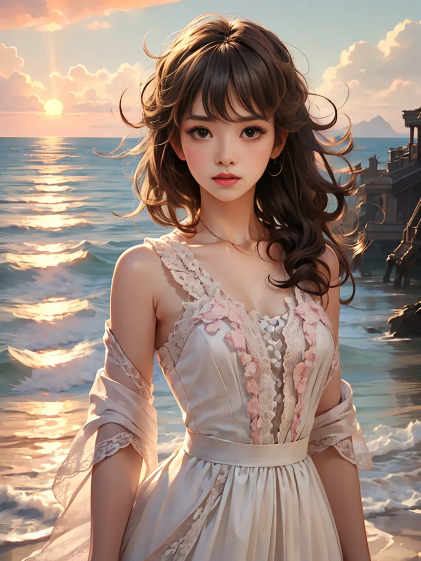 (Vision)，(panoramic:1.5)，(Wide-angle shooting:1.3)，1girl, beauty, Short brown hair，Beautiful eyes，The background is the pink sea under the sunset，Lolita style，Second Dimension，Masterpiece，High quality and high resolution，comics，Small fresh, (whole body:1.8), UHD, retina, ccurate, anatomically correct, textured skin, super detail, award winning, best quality, 8k