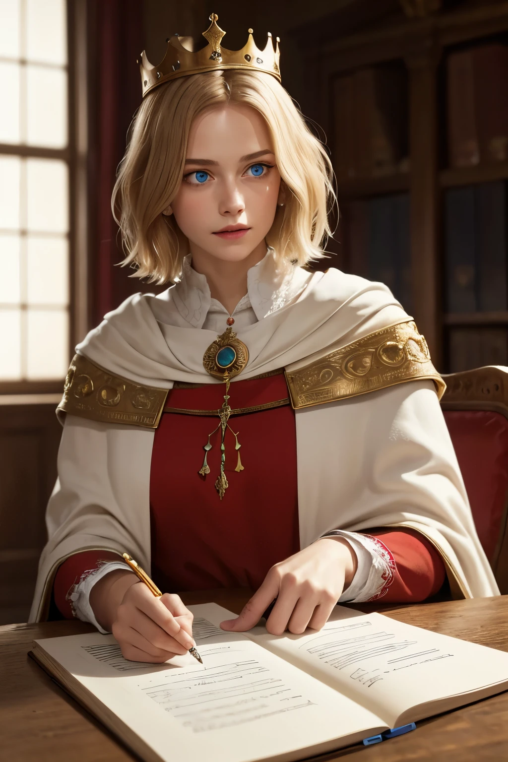 (Masterpiece: 1.2, Best Quality), Realistic, (Realistic Picture, Complex Details, Depth of Field), Best Quality, Masterpiece, Highly Detailed, Semi Realistic, 1 Girl, Mature Female, 21 Years Old, Blond Hair, Shoulder length Short Hair, Left Eye Covered with Hair, Blue Eyes, King's Clothes, Red Cloak, Slim Figure, Crown Made of Precious Gold, Reading Documents, Marking Documents, Goose Hair Pen, Office Table, Soft Bench, Palace, In the palace, during the Middle Ages