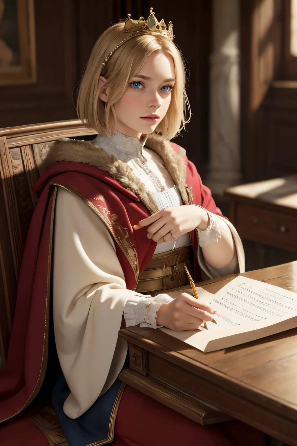 (Masterpiece: 1.2, Best Quality), Realistic, (Realistic Picture, Complex Details, Depth of Field), Best Quality, Masterpiece, Highly Detailed, Semi Realistic, 1 Girl, Mature Female, 21 Years Old, Blond Hair, Shoulder length Short Hair, Left Eye Covered with Hair, Blue Eyes, King's Clothes, Red Cloak, Slim Figure, Crown Made of Precious Gold, Reading Documents, Marking Documents, Goose Hair Pen, Office Table, Soft Bench, Palace, In the palace, during the Middle Ages