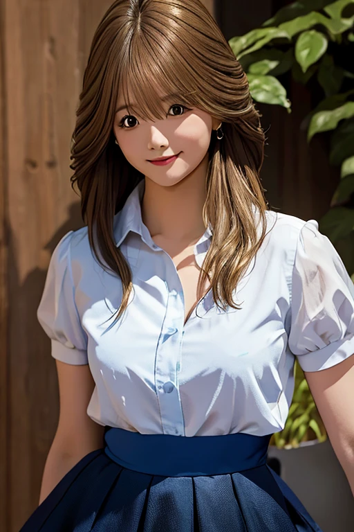 master piece，highest quality，official art，Highly detailed CG Unity 8K wallpaper，Like a ，very delicate and beautiful，ultra high resolution，（Realistic：1.4），golden hour lighting，（Upper body），（platinum short hair：0.8），（puffy eyes），looking at the viewer，Facing Front，smile，JK skirt，blue dress，shirt boosts long black hair