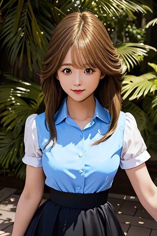 master piece，highest quality，official art，Highly detailed CG Unity 8K wallpaper，Like a ，very delicate and beautiful，ultra high resolution，（Realistic：1.4），golden hour lighting，（Upper body），（platinum short hair：0.8），（puffy eyes），looking at the viewer，Facing Front，smile，JK skirt，blue dress，shirt boosts long black hair