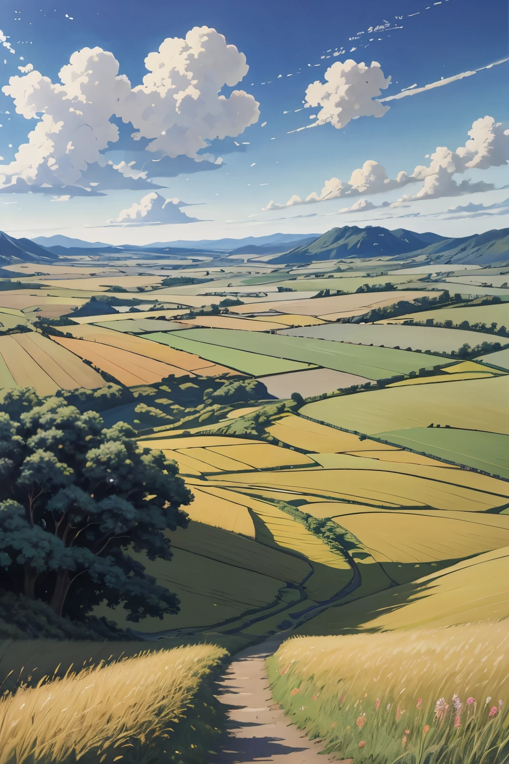 Realistic, real, beautiful and stunning landscape oil painting Studio Ghibli Hayao Miyazaki Petals Grassland Blue Sky Grassland Country Road,building, 