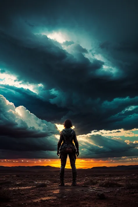 woman in an apocalyptic landscape, dramatic clouds