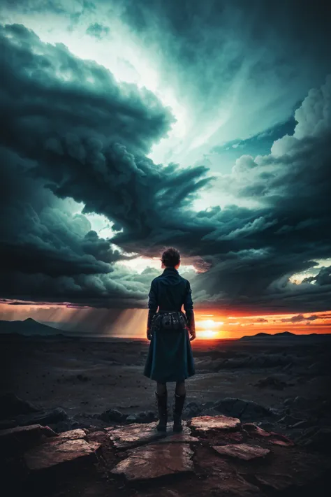 woman in an apocalyptic landscape, dramatic clouds