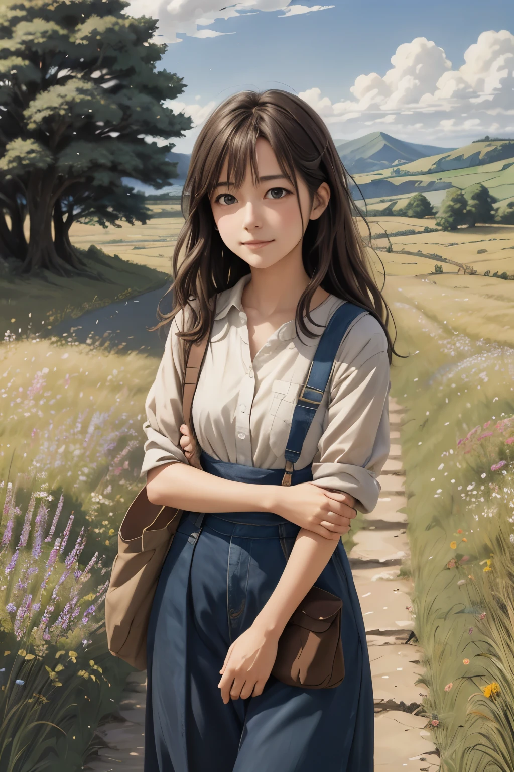 Realistic, real, beautiful and stunning landscape oil painting Studio Ghibli Hayao Miyazaki Petals Grassland Blue Sky Grassland Country Road,building, beautiful girl
