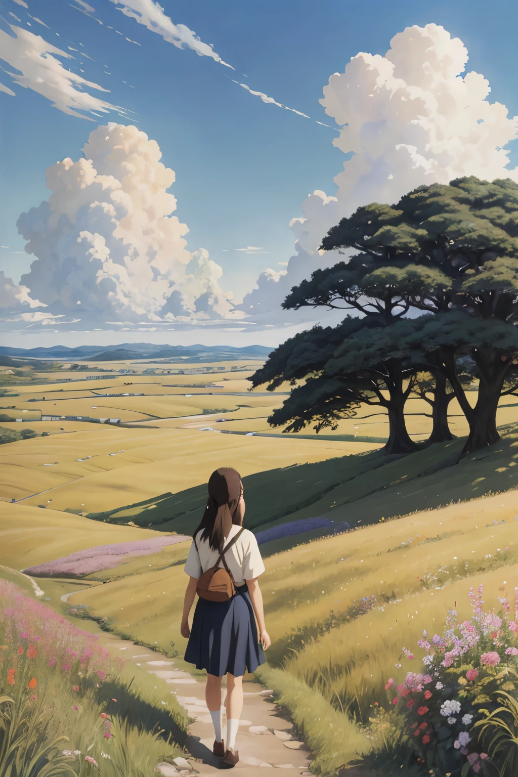 Realista, real, Hermoso e impresionante paisaje pintura al óleo Studio Ghibli Hayao Miyazaki Pétalos Pastizales Cielo azul Pastizales Camino rural,edificio, hermosa chica