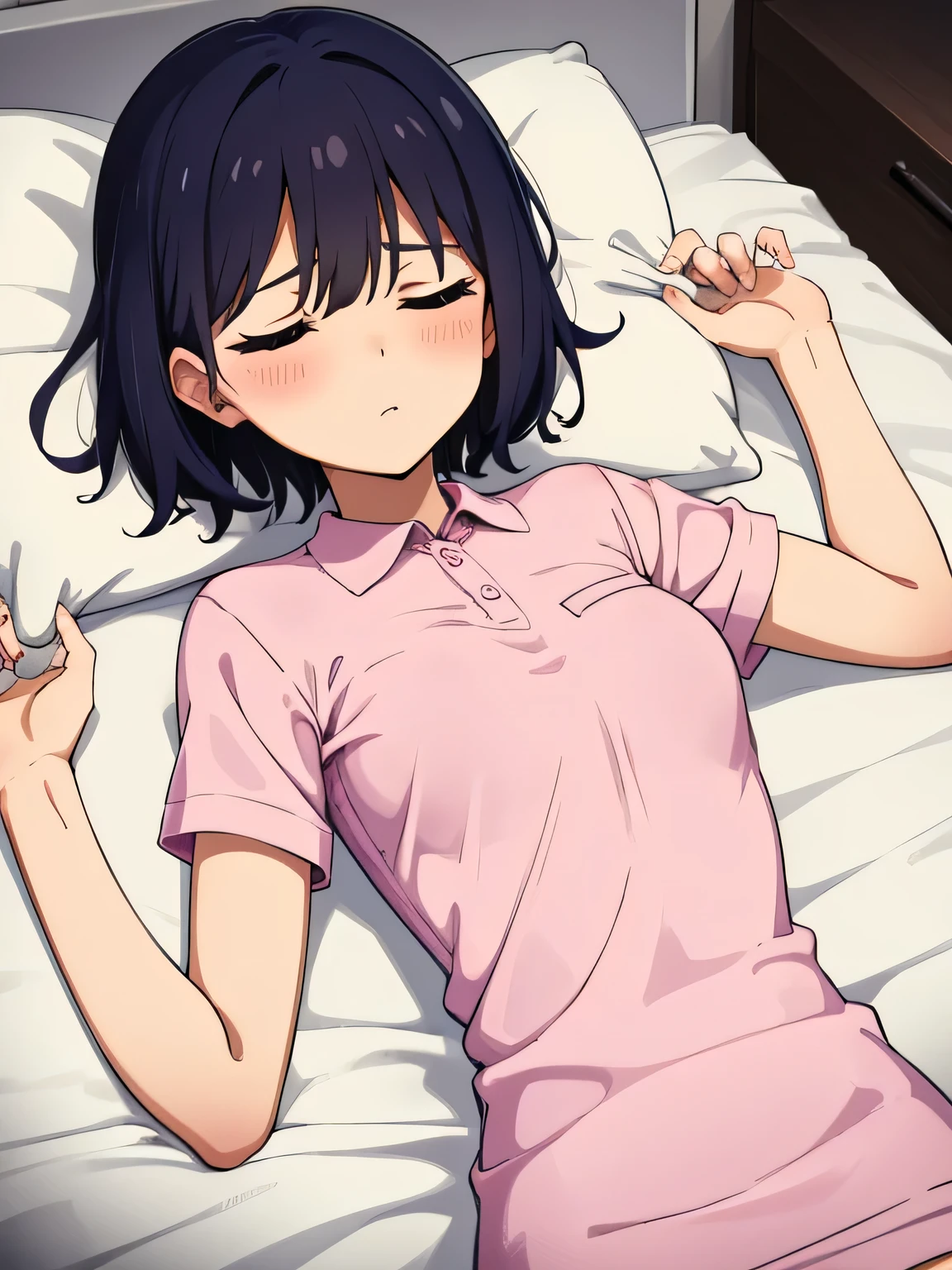 Anime girl laying in bed with her eyes closed and holding a cigarette -  SeaArt AI