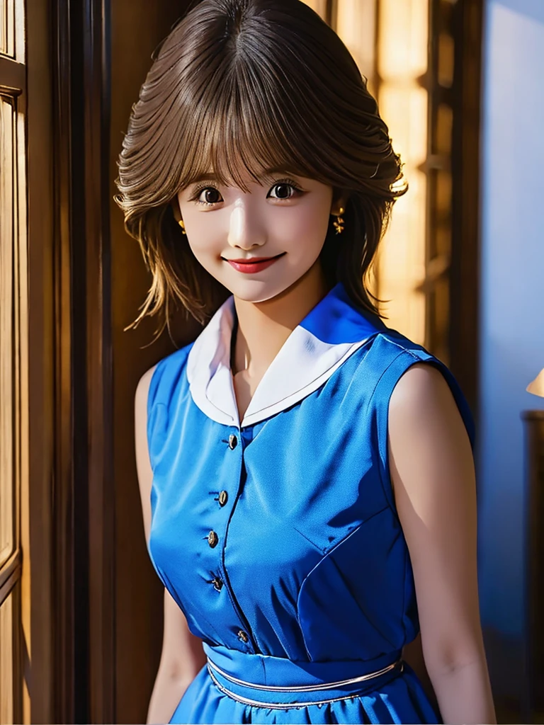 master piece，highest quality，official art，Highly detailed CG Unity 8K wallpaper，Like a ，very delicate and beautiful，ultra high resolution，（Realistic：1.4），golden hour lighting，（Upper body），（platinum short hair：0.8），（puffy eyes），looking at the viewer，Facing Front，smile，JK skirt，blue dress，shirt boosts long black hair