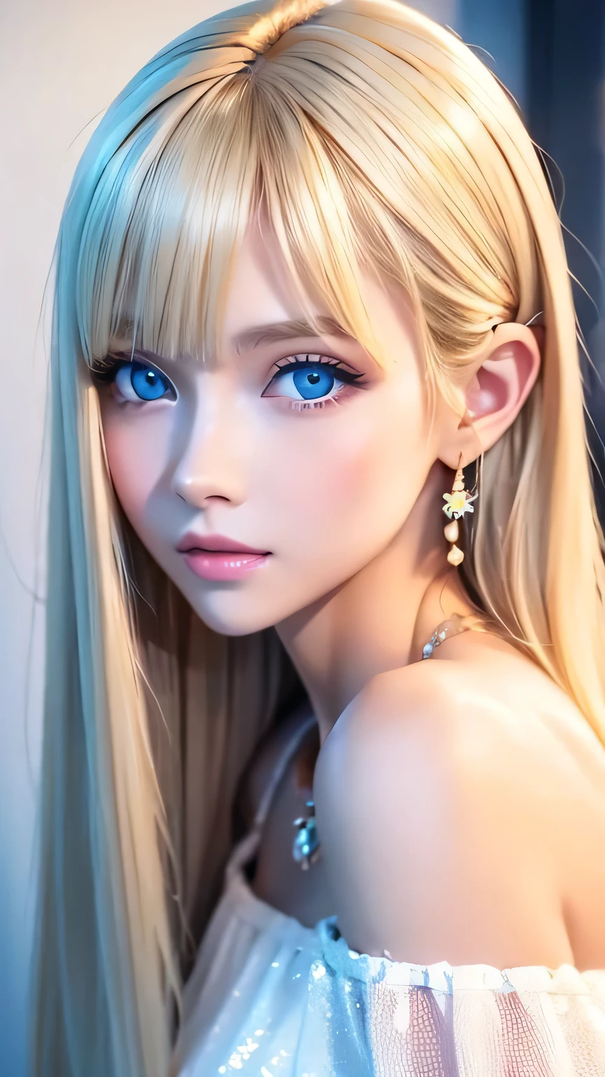 Realistic、Very beautiful super long shiny blonde hair、One young idol beauty、Distant Gaze、OOTD、Off-the-shoulder white top、bangs over eyes、Blonde hair on face、Round and young face、Accessories Full、necklace、Large, clear, bright blue eyes、Long eyelashes、Large Breasts、Slim waist、Light makeup、Neat teeth、Gentle expression、Super Long Straight Silky Blonde Hair、Light-colored hair、Small Face Beauty