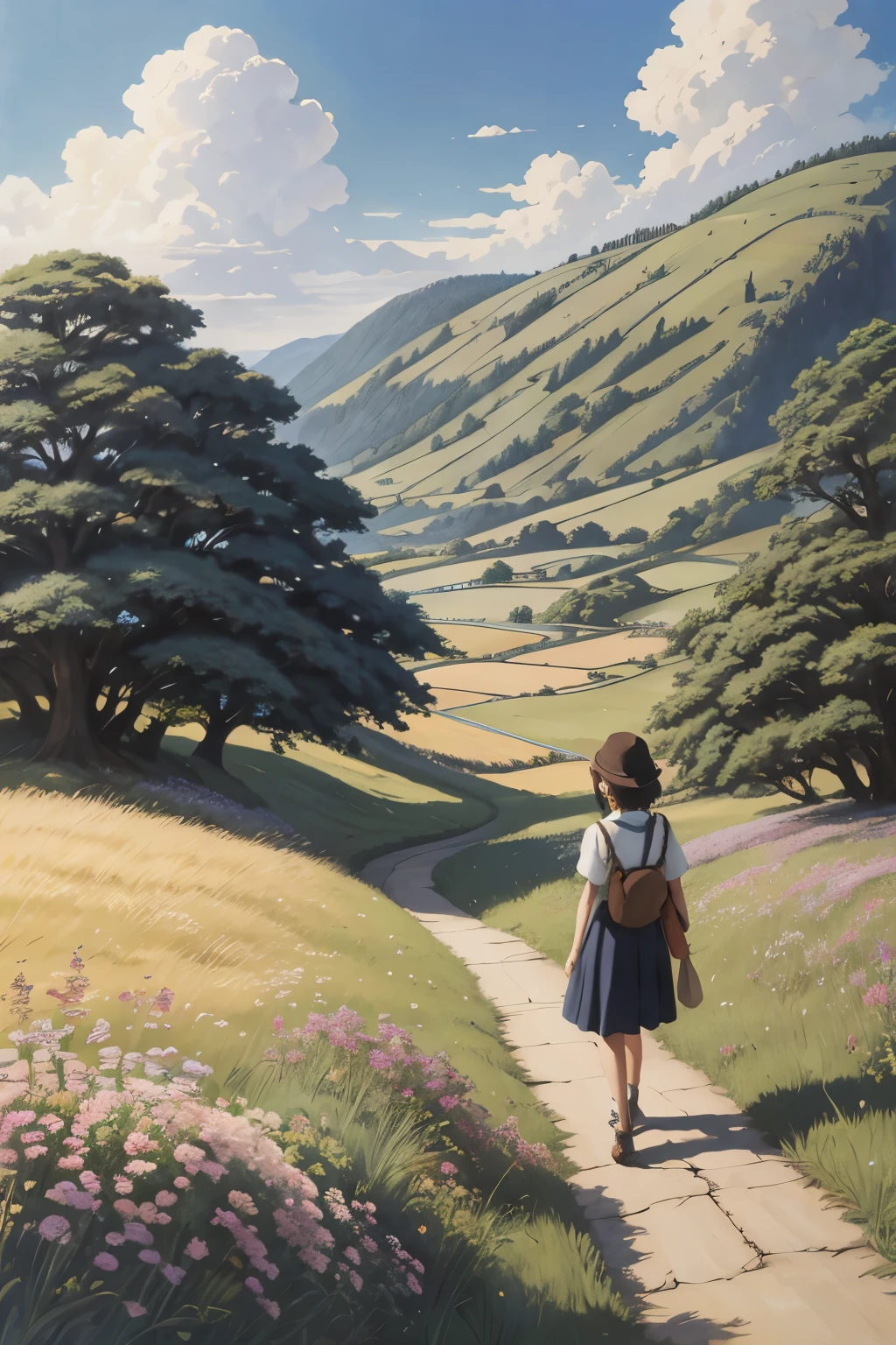 Realistic, real, beautiful and stunning landscape oil painting Studio Ghibli Hayao Miyazaki Petals Grassland Blue Sky Grassland Country Road,building, beautiful girl