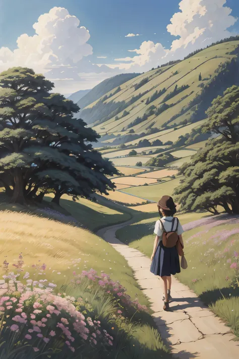 Realistic, real, beautiful and stunning landscape oil painting Studio Ghibli Hayao Miyazaki Petals Grassland Blue Sky Grassland ...