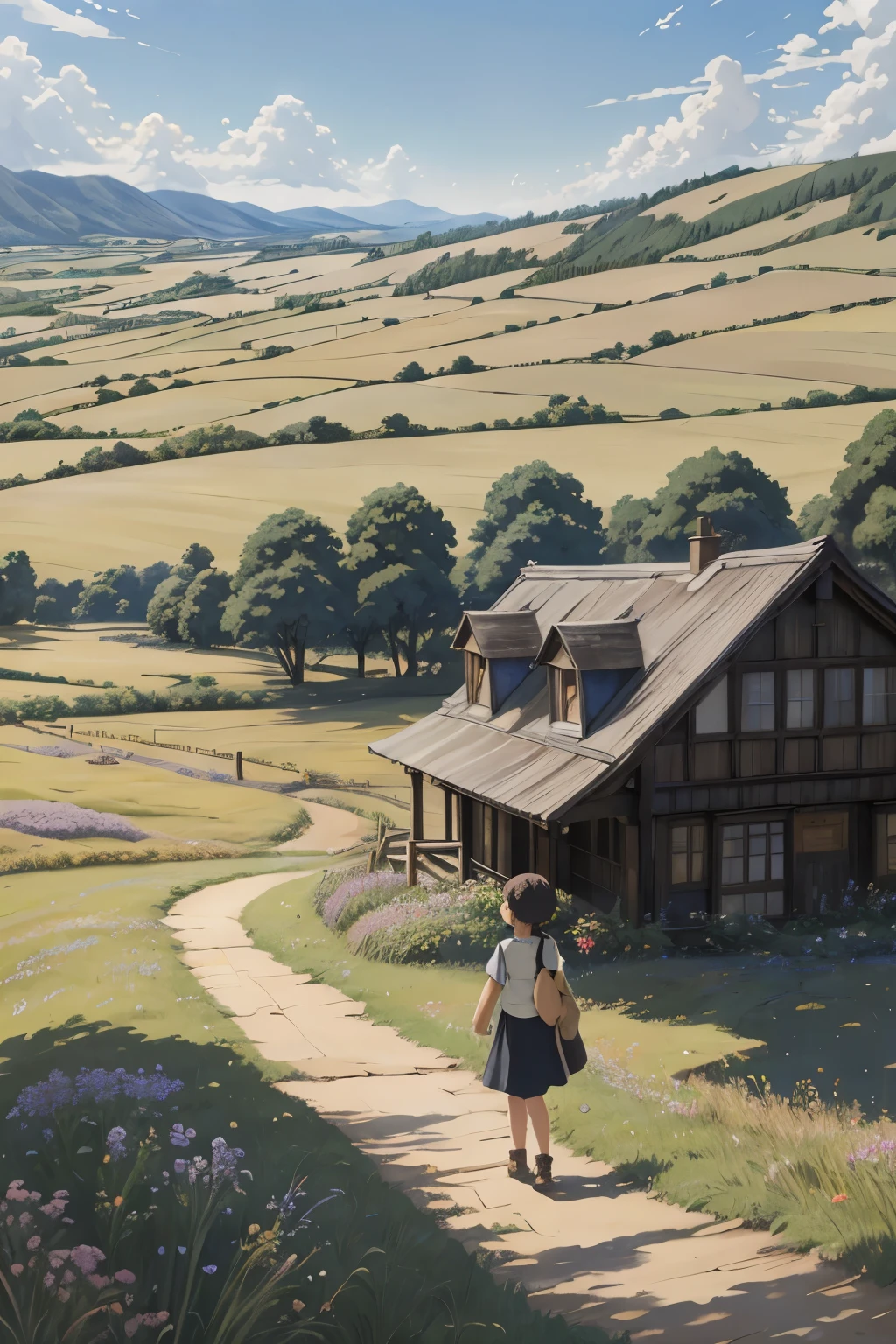Realistisch, real, wunderschöne und atemberaubende Landschaft Ölgemälde Studio Ghibli Hayao Miyazaki Blütenblätter Grasland blauer Himmel Grasland Landstraße,Gebäude, schönes Mädchen