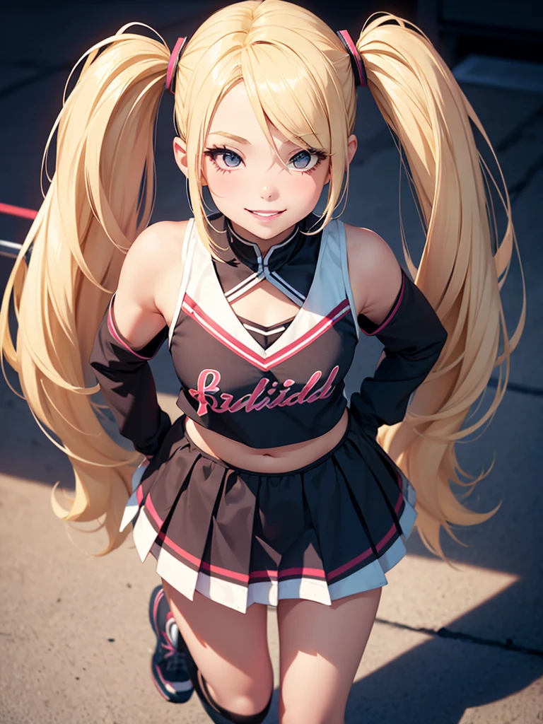 1girl, blonde, pigtails, sexy, short, perfect lips, dark makeup, cheerleader, Full Body Portrait, very small girl, tiny girl, smile