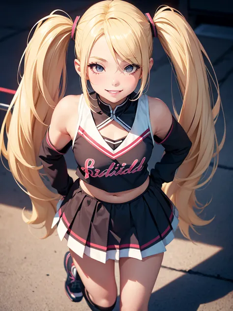1girl, blonde, pigtails, sexy, short, perfect lips, dark makeup, cheerleader, Full Body Portrait, very small girl, tiny girl, sm...