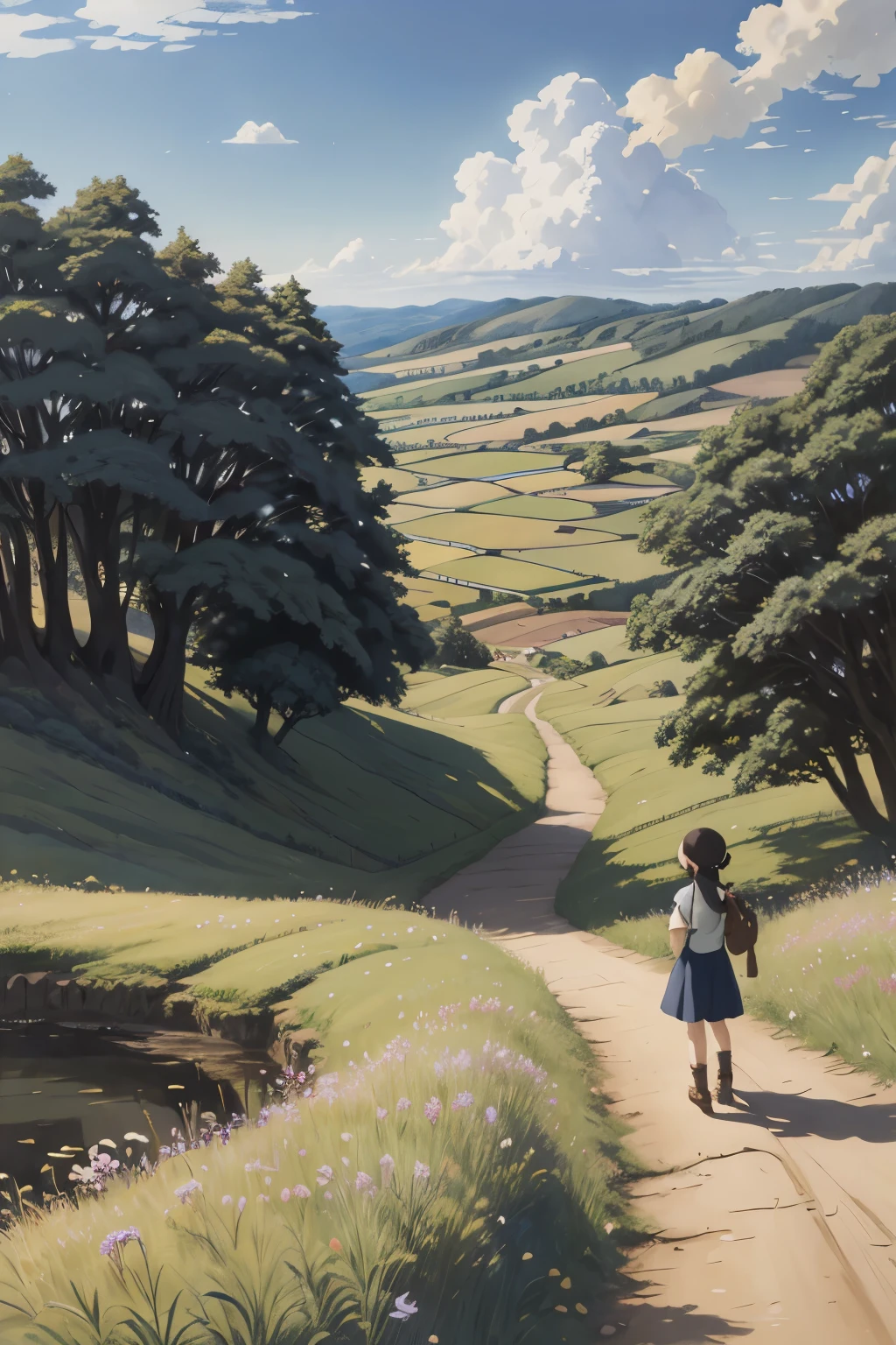 realista, Real, bela e deslumbrante paisagem pintura a óleo Studio Ghibli Hayao Miyazaki Pétalas Pastagem Céu Azul Pastagem Estrada Rural,prédio, garota linda