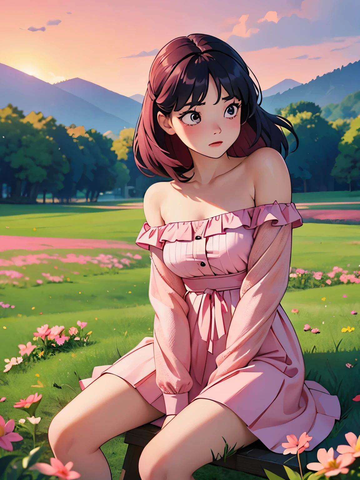 single korean woman, Age 28, Folded seats, Sitting in the middle of the meadow, The wind is blowing, Evening, Sad scene, Pink sky, Close-up photo, Off shoulder dress
