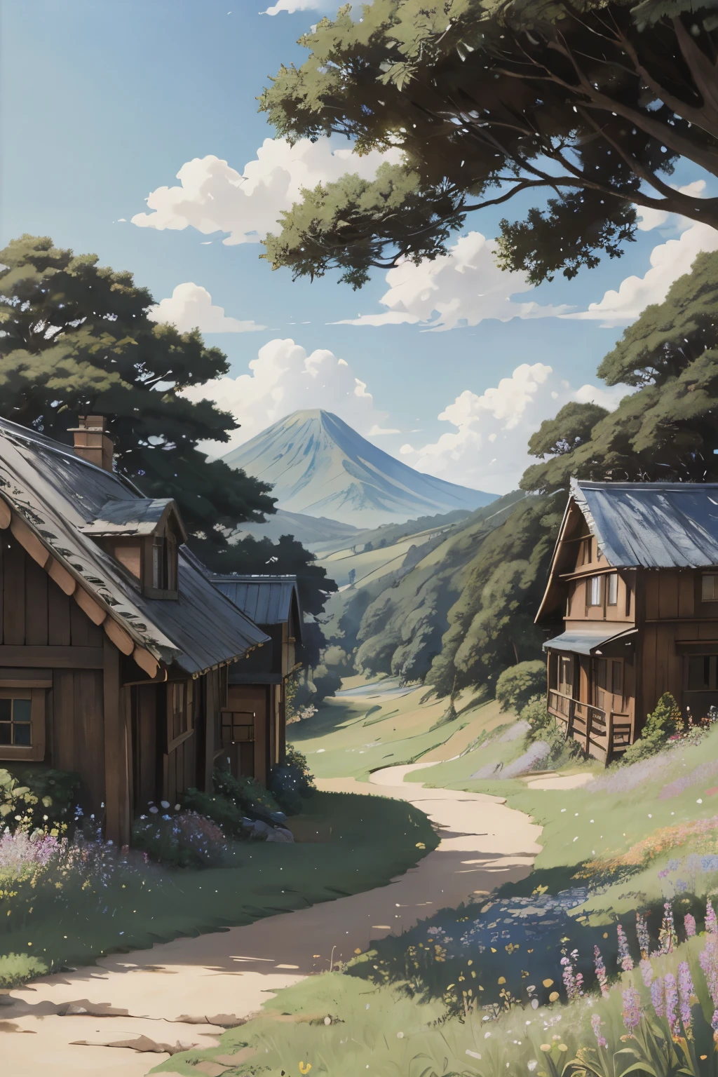 realista, Real, bela e deslumbrante paisagem pintura a óleo Studio Ghibli Hayao Miyazaki Pétalas Pastagem Céu Azul Pastagem Estrada Rural,prédio, garota linda