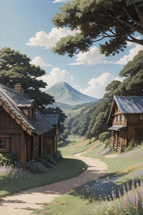 Realistic, real, beautiful and stunning landscape oil painting Studio Ghibli Hayao Miyazaki Petals Grassland Blue Sky Grassland ...