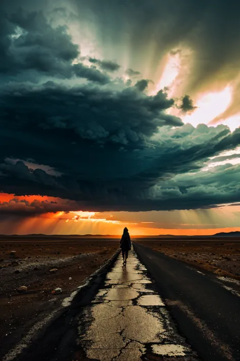 woman walking in an apocalyptic landscape, dramatic clouds