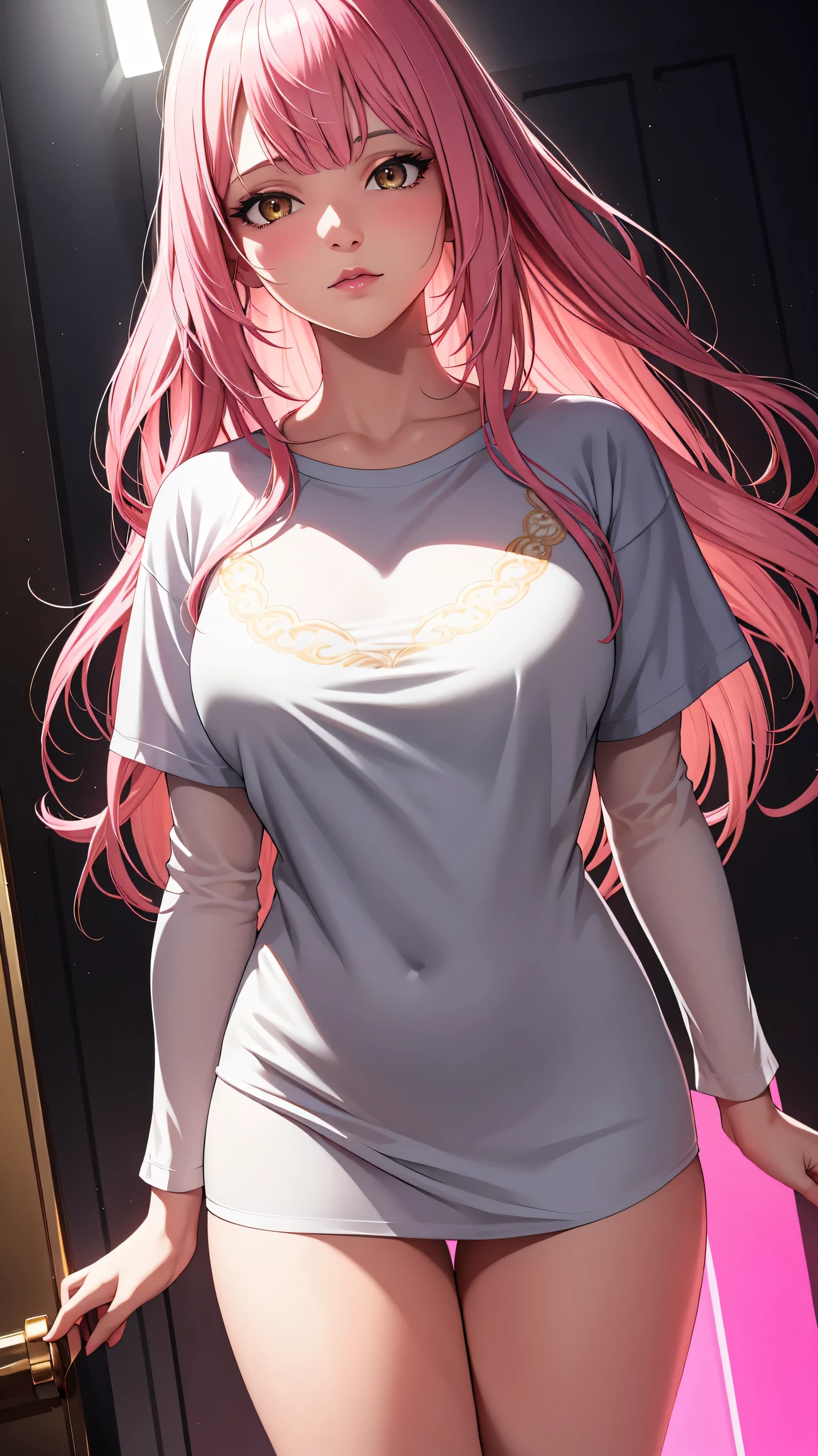 A woman with pink hair and a gray shirt is standing in front of a door -  SeaArt AI