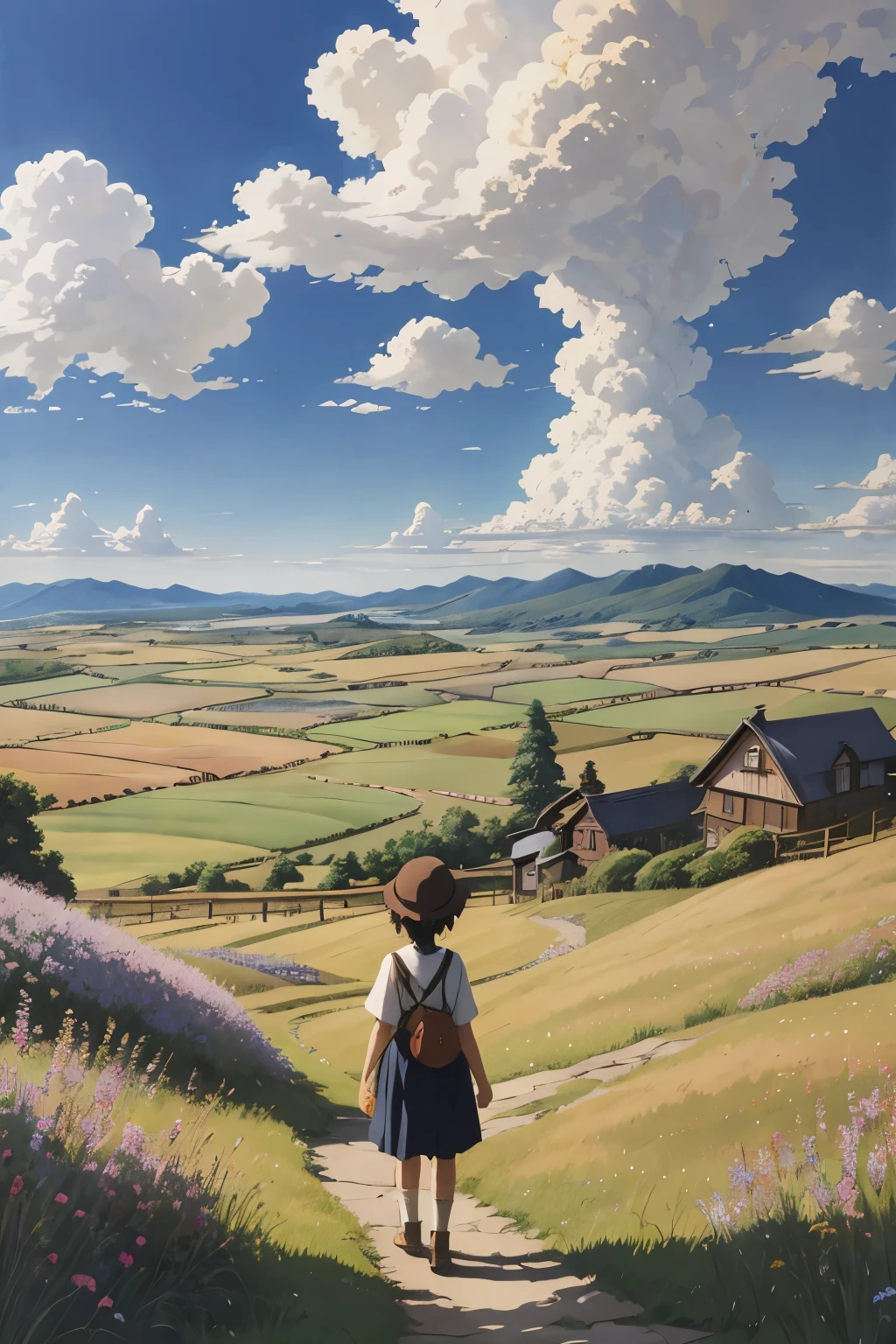 Realistic, real, beautiful and stunning landscape oil painting Studio Ghibli Hayao Miyazaki Petals Grassland Blue Sky Grassland Country Road,building, beautiful girl
